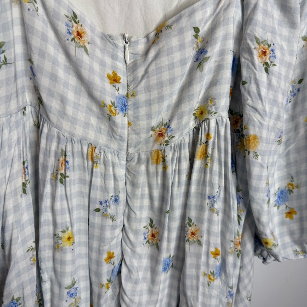 Sweet En Forme Multi Color Flowers Blue Gingham Babydoll Mini Dress Size medium - Picture 5 of 10